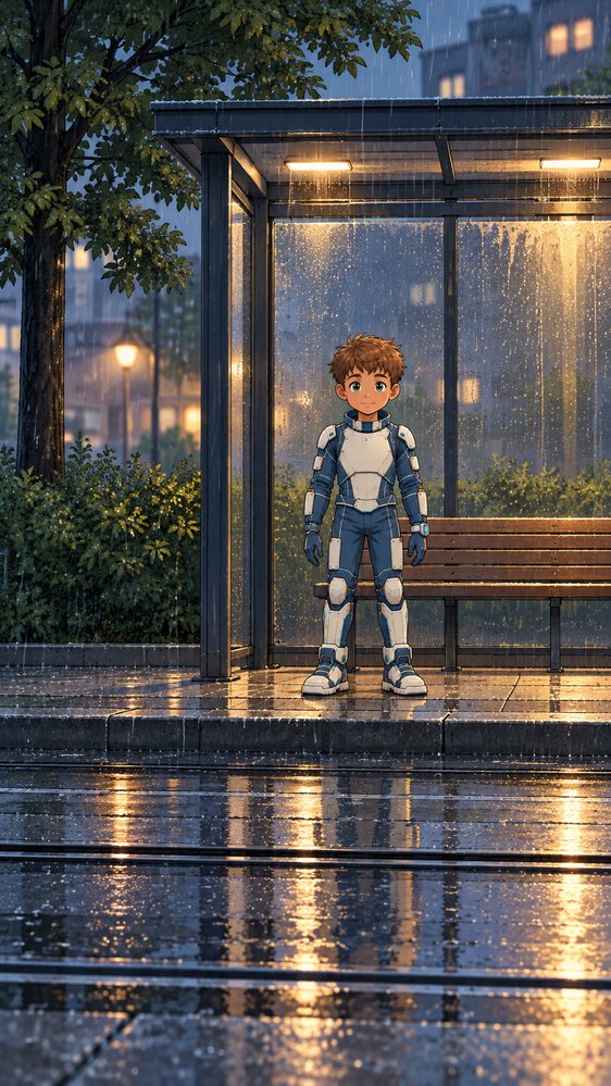 The brown-haired boy in the blue armored suit stands alone at a tram stop in the rain