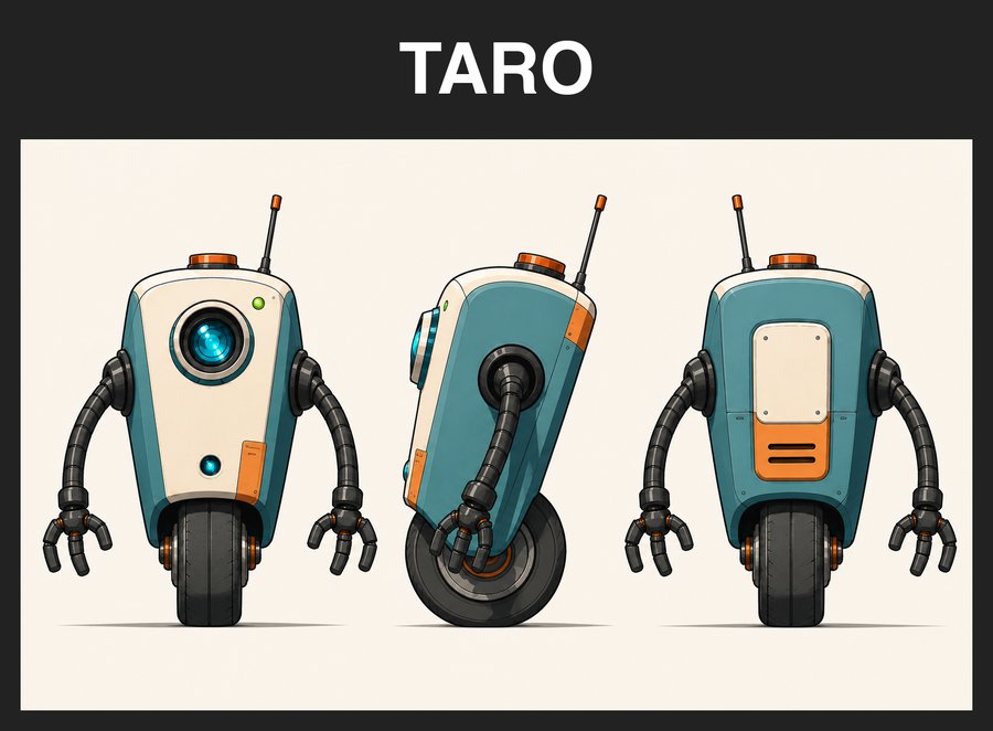 A teal and cream one-wheeled robot shown from three sides, in a dark frame labeled TARO