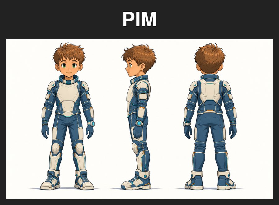 A brown-haired boy in a blue and cream armored suit shown from three sides, in a dark frame labeled PIM