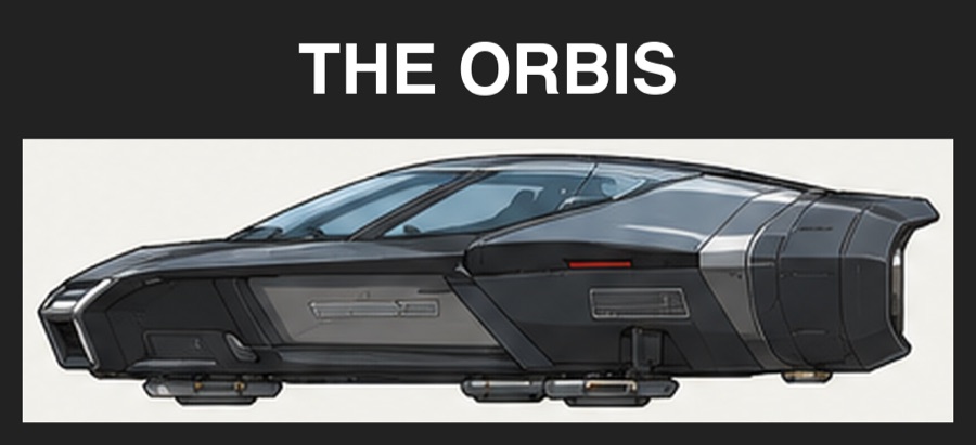 A black hover coupé with a glass canopy, in a dark frame labeled THE ORBIS