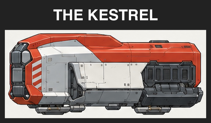 A red and white boxy cargo shuttle, in a dark frame labeled THE KESTREL