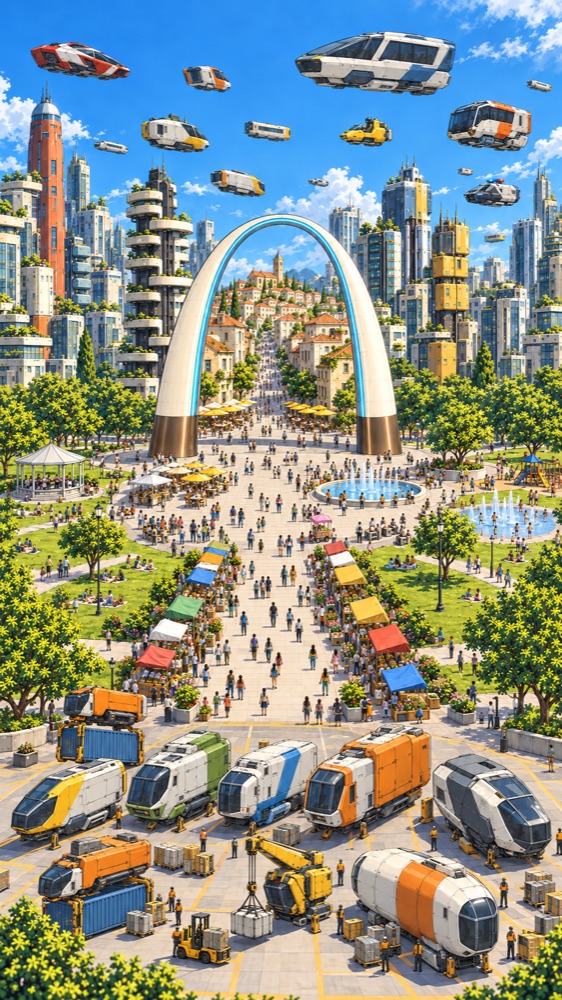 A plaza under a white arch with a row of parked freight haulers, a crane and container carriers in front, and passenger craft flying above