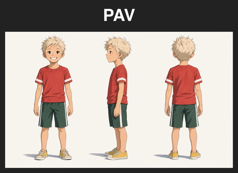 Max's character sheet, blond in a red T-shirt, in a dark frame labeled PAV
