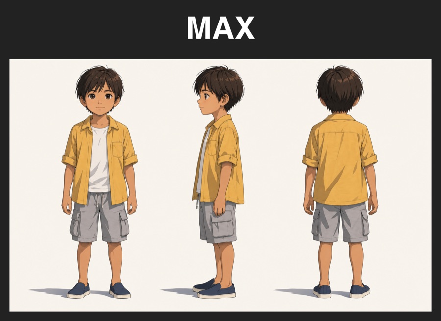 Pav's character sheet, dark hair and a yellow shirt, in a dark frame labeled MAX