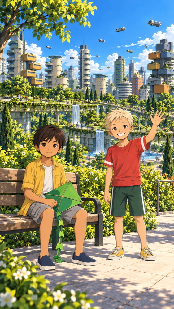 The dark-haired kid in a yellow shirt sits on the bench with the green kite; the blond kid in red stands beside him waving