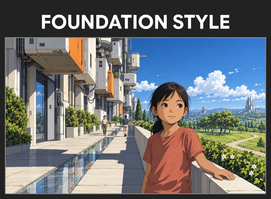 A painted walkway beside white capsule towers with a girl leaning on a planter, in a dark frame labeled FOUNDATION STYLE