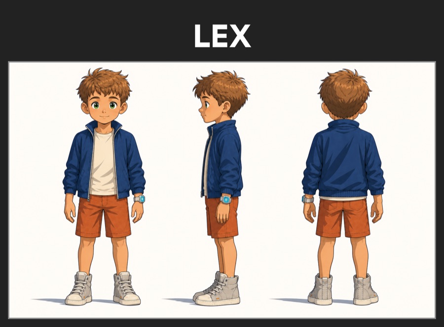 A character sheet of a boy with brown hair, a blue jacket and orange shorts, front, side and back, in a dark frame labeled LEX