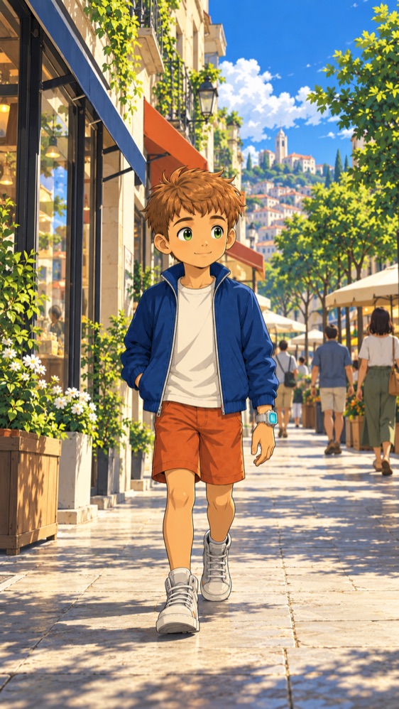 Lex walks down a sunny shopping street with shop fronts, planters and people; no text, labels or frames anywhere
