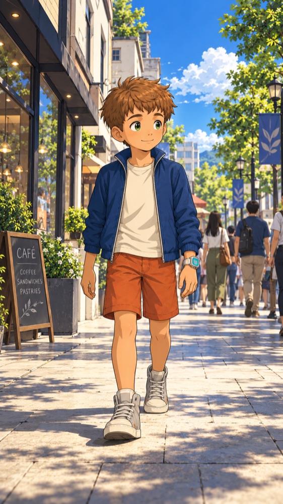 Lex walks down a busy shopping street; a café chalkboard on the left reads CAFÉ, COFFEE, SANDWICHES, PASTRIES