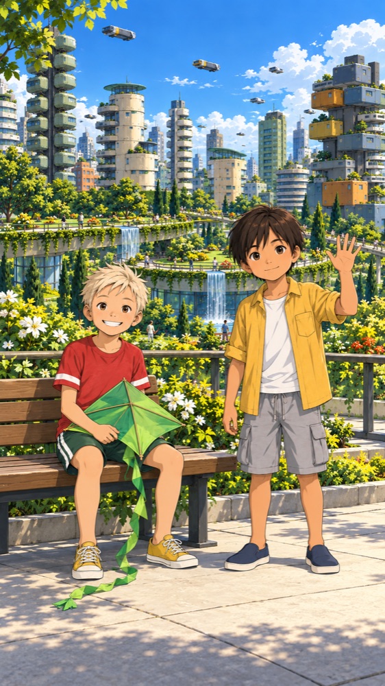 Max, blond in a red T-shirt, sits on a bench holding a green kite; Pav, in a yellow shirt, stands beside him waving