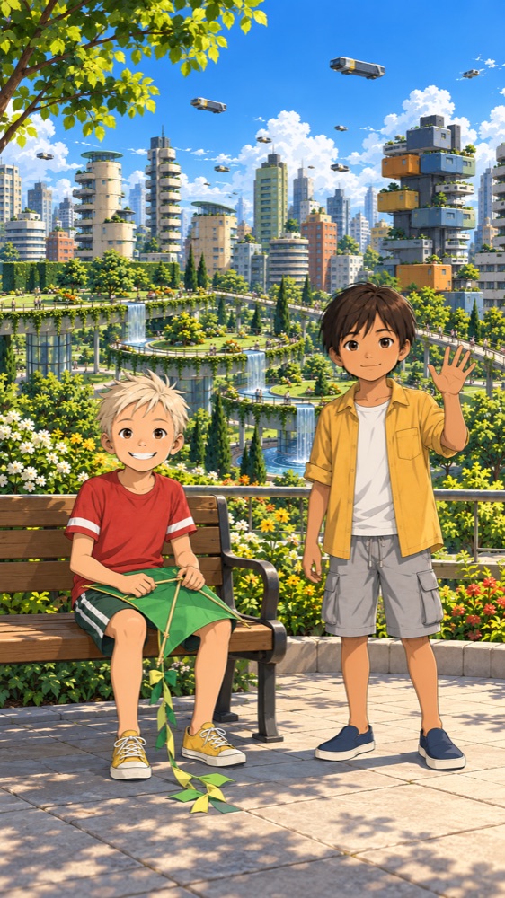 Max, blond in a red T-shirt, sits on a bench holding a green kite; Pav stands beside him waving