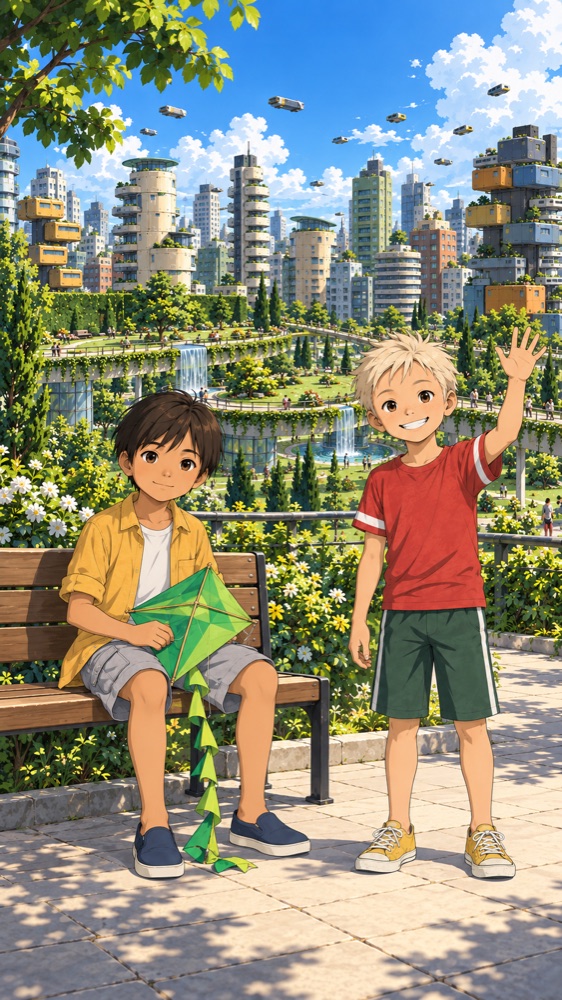 Pav, in a yellow shirt, sits on a bench holding a green kite; Max, blond in a red T-shirt, stands beside him waving
