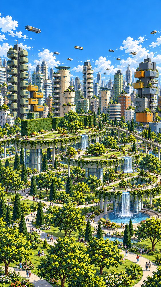 The green deck with looping raised walkways, waterfalls and a round pool among towers