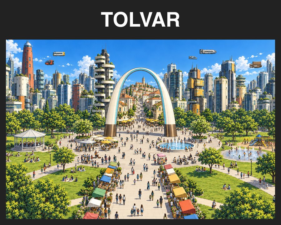 The plaza under the tall white arch with market stalls, in a dark frame labeled TOLVAR