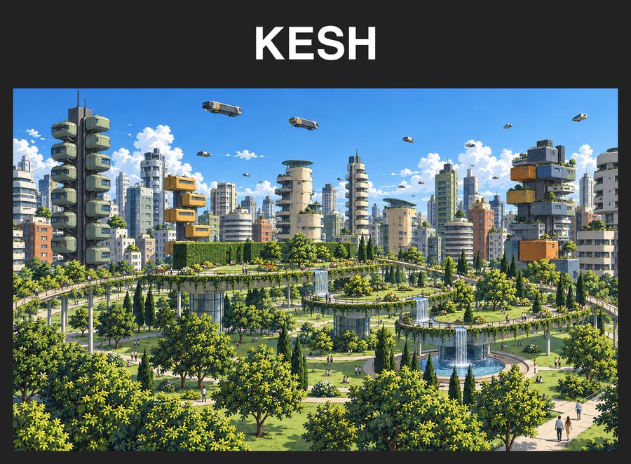 The green deck of raised walkways and waterfalls, in a dark frame labeled KESH