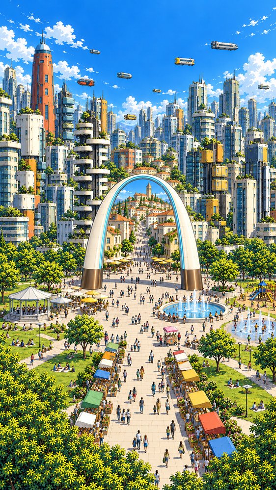 The plaza under the white arch with market stalls and a fountain