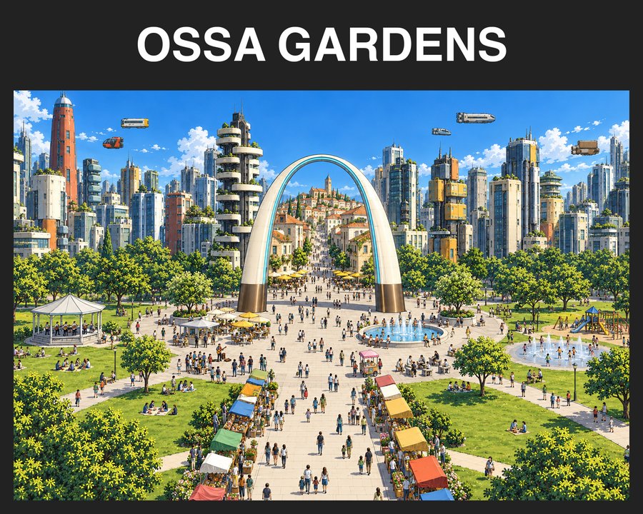 A plaza under a tall white arch with market stalls, in a dark frame labeled OSSA GARDENS