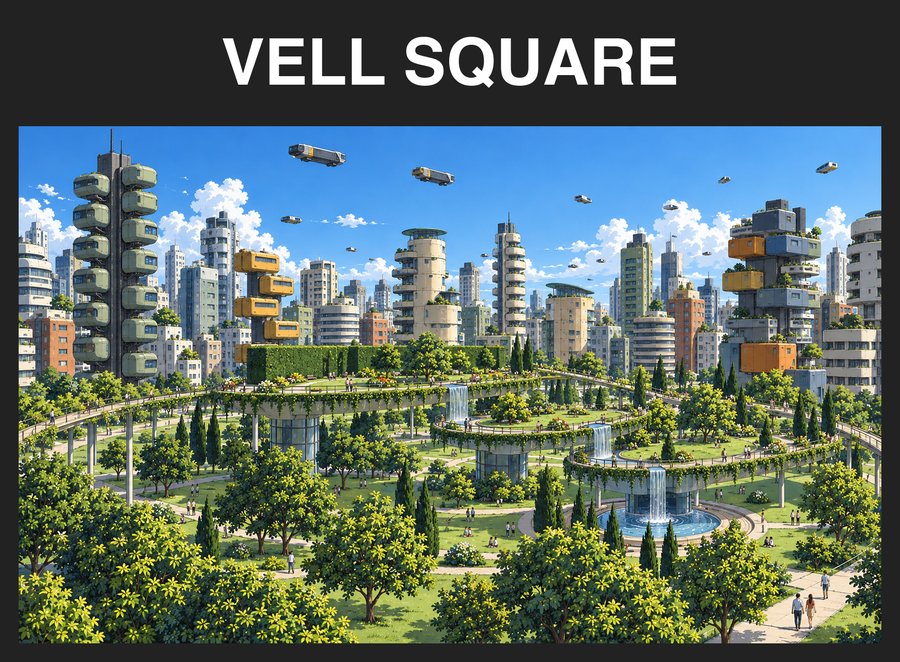 A green deck of raised walkways and waterfalls among towers, in a dark frame labeled VELL SQUARE