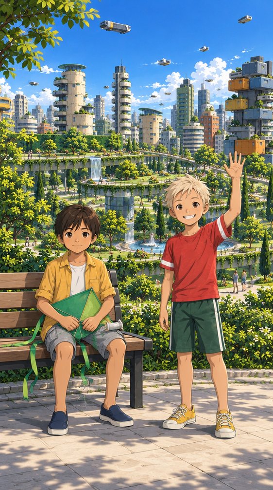 The dark-haired kid in yellow sits on the bench with the green kite; the blond kid in red stands and waves