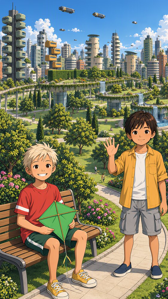 The blond kid in red sits on the bench with the green kite; the dark-haired kid in yellow stands beside him waving