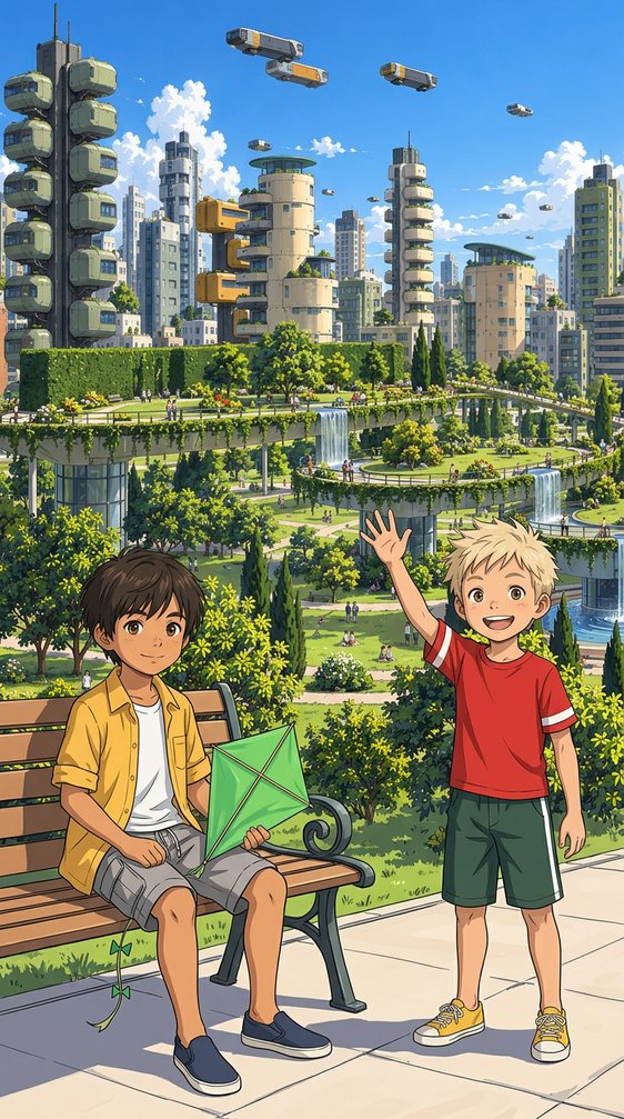 The dark-haired kid in a yellow shirt sits on the bench with the green kite; the blond kid in red stands beside him waving